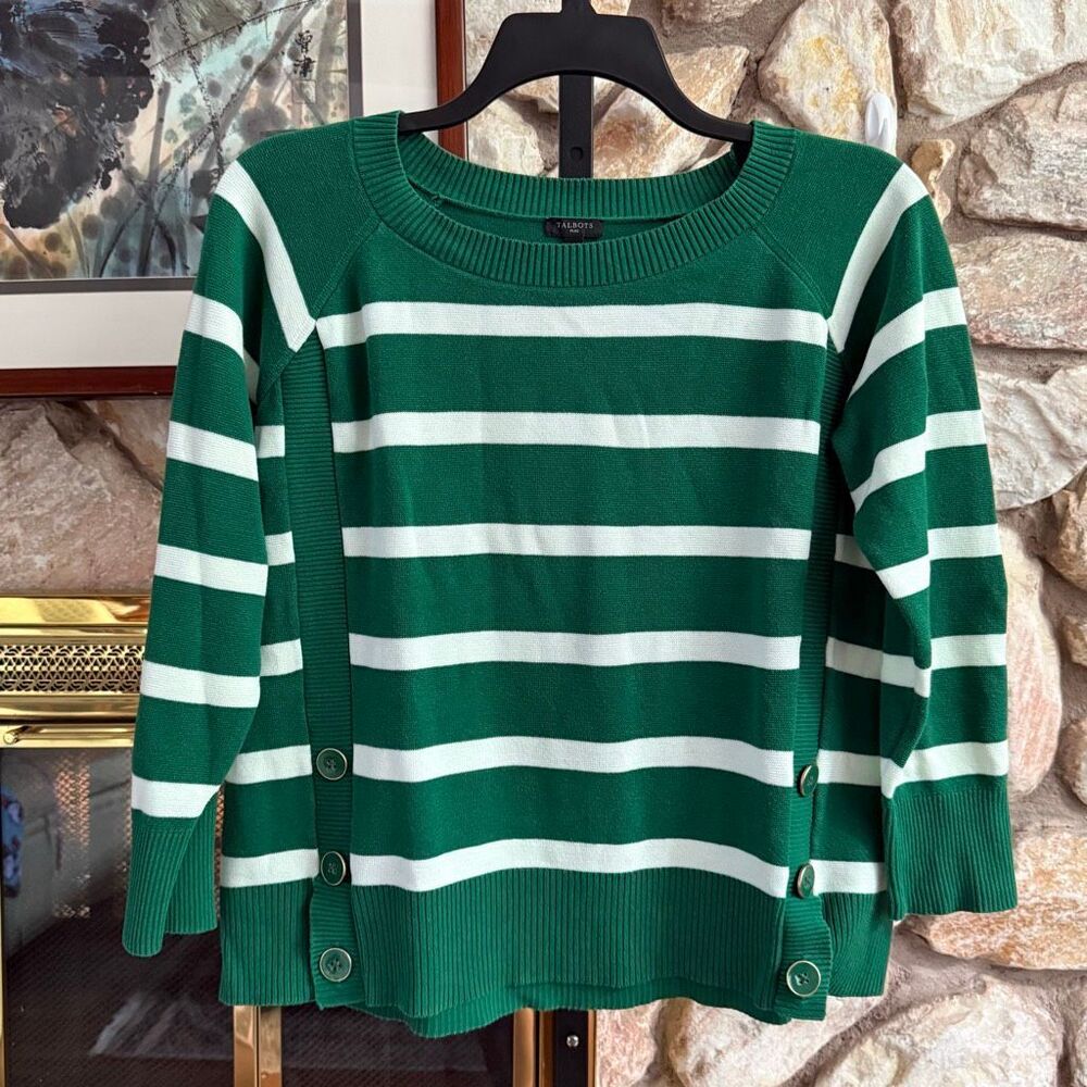 Talbots women’s plus 1X cotton blend stripe crewneck sweater with button details